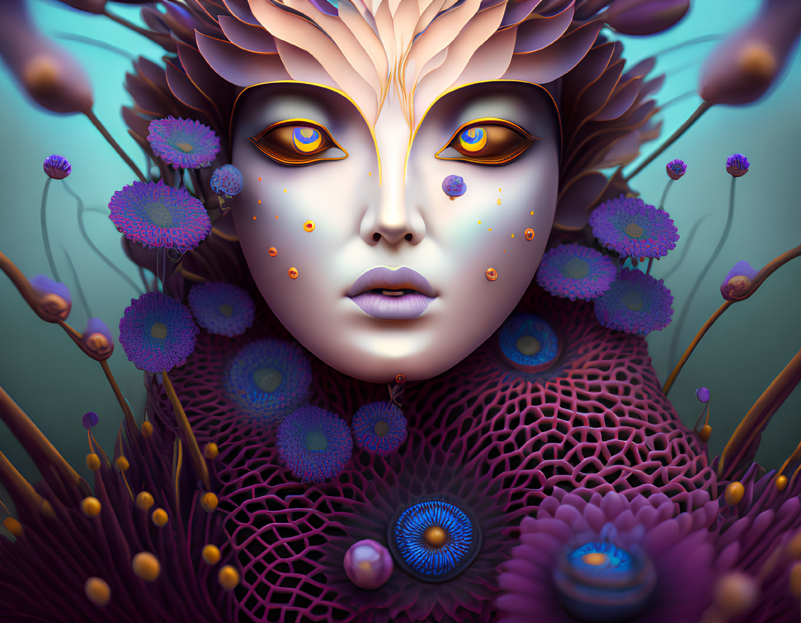 Fantasy portrait with golden eyes, purple florals, and exotic plants