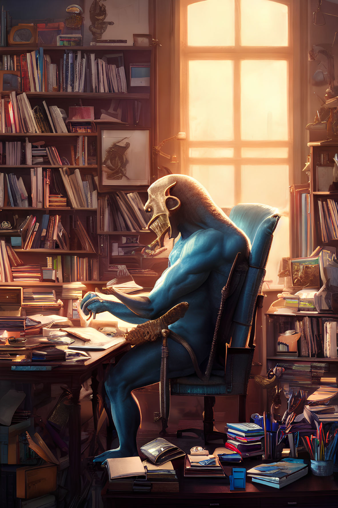 Bird-like mask anthropomorphic creature writing at desk with books under sunlight