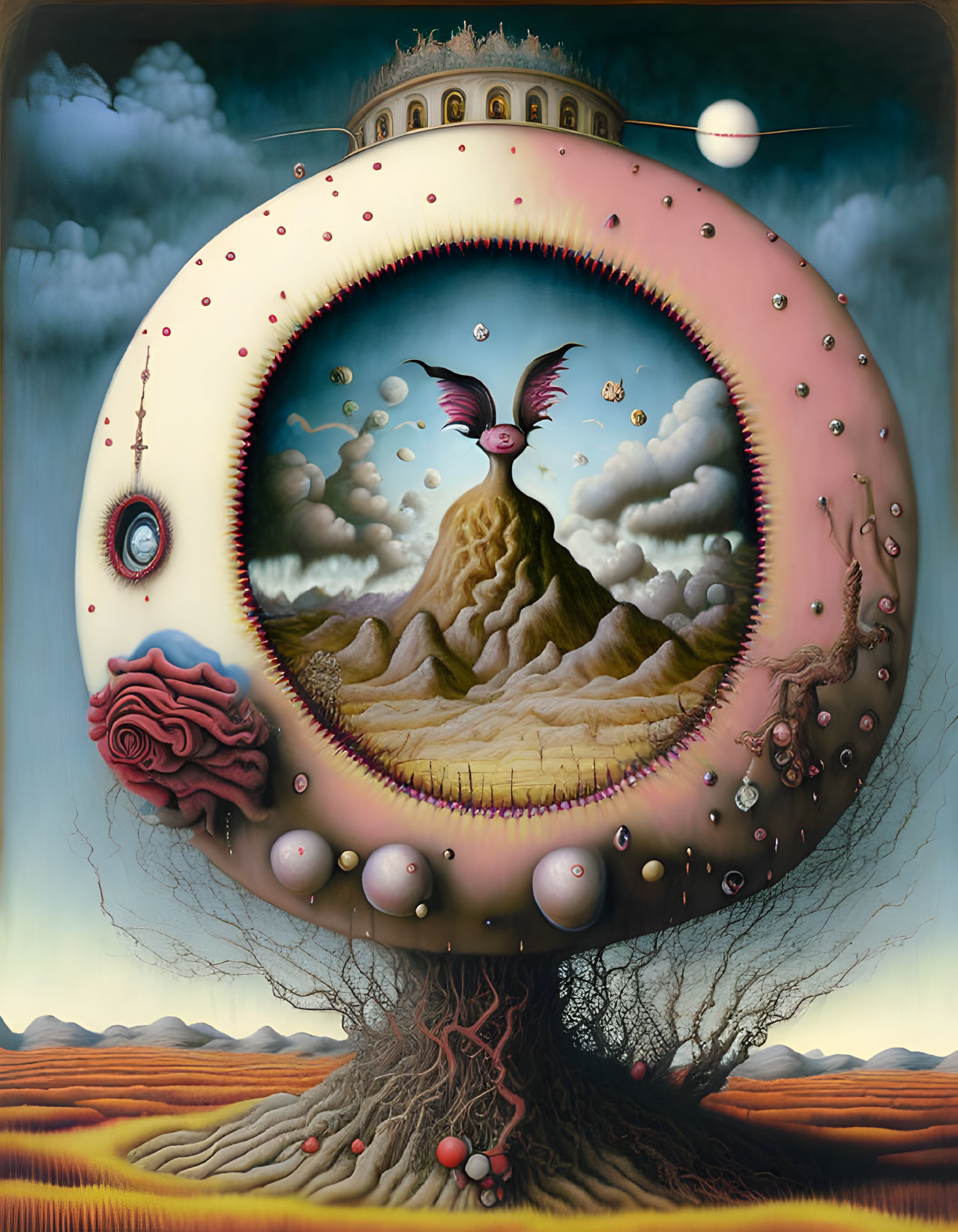 Surreal Landscape Featuring Torus-Shaped World, Mountain, Creatures, and Organic Motifs