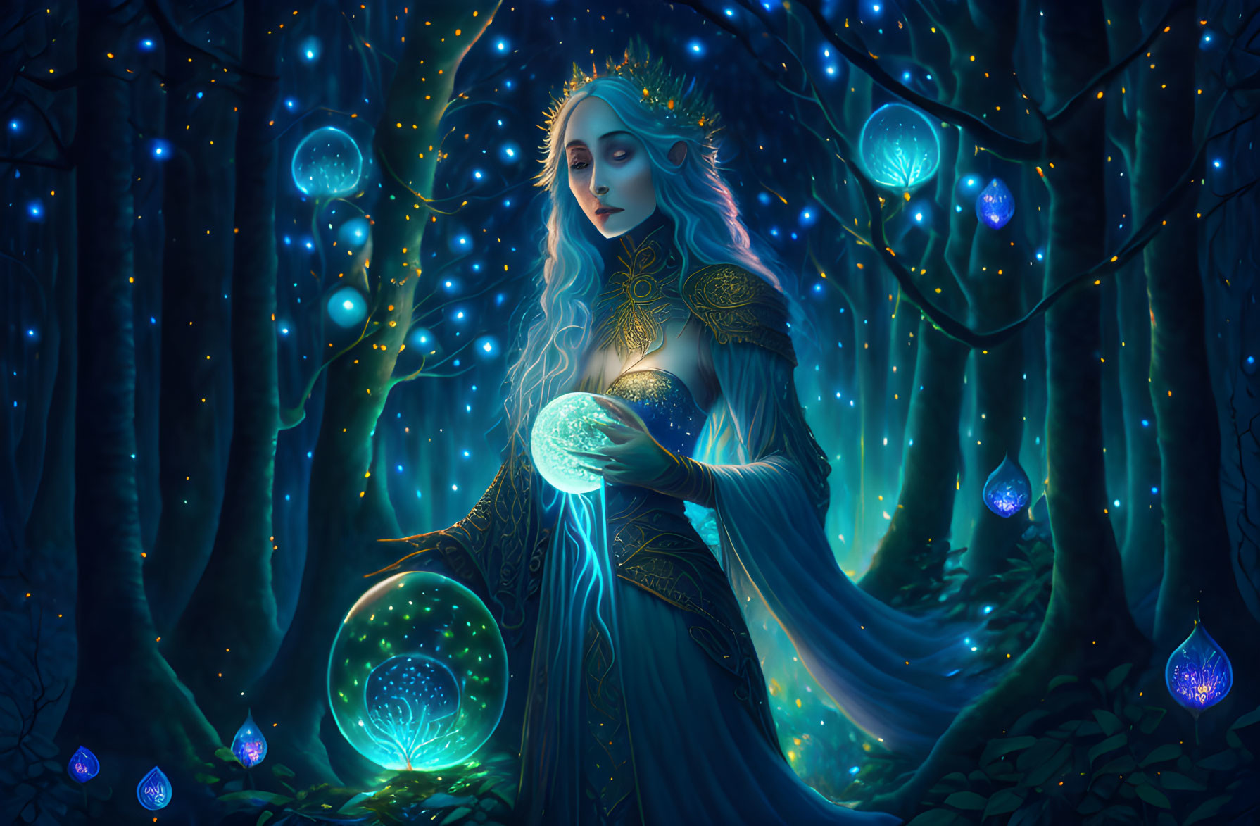 Mystical Elf Queen in Magical Forest with Glowing Orbs