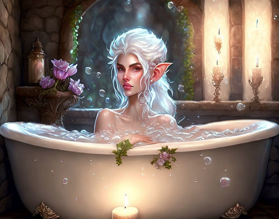 White-haired elf bathing in candlelit stone room