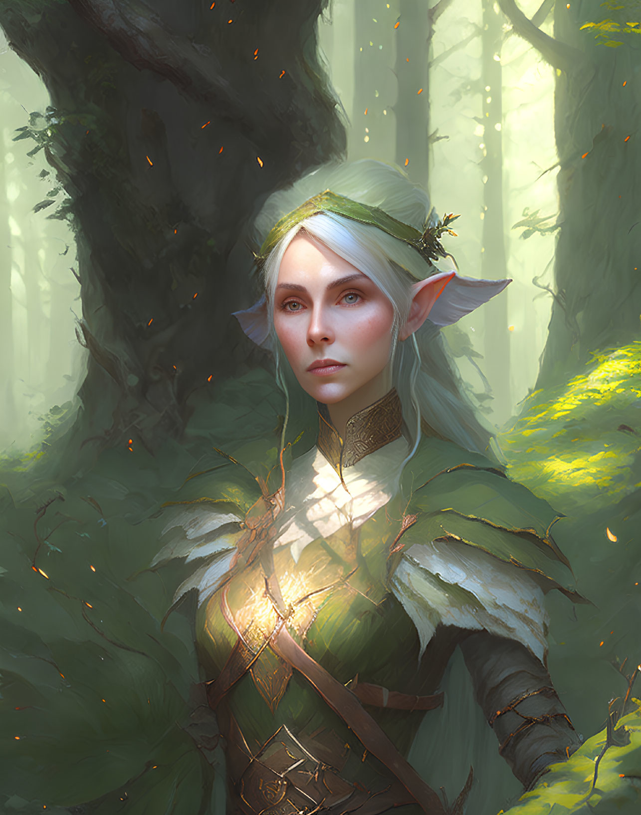 Ethereal elf in forest attire with striking eyes and pointed ears among sunlit woods