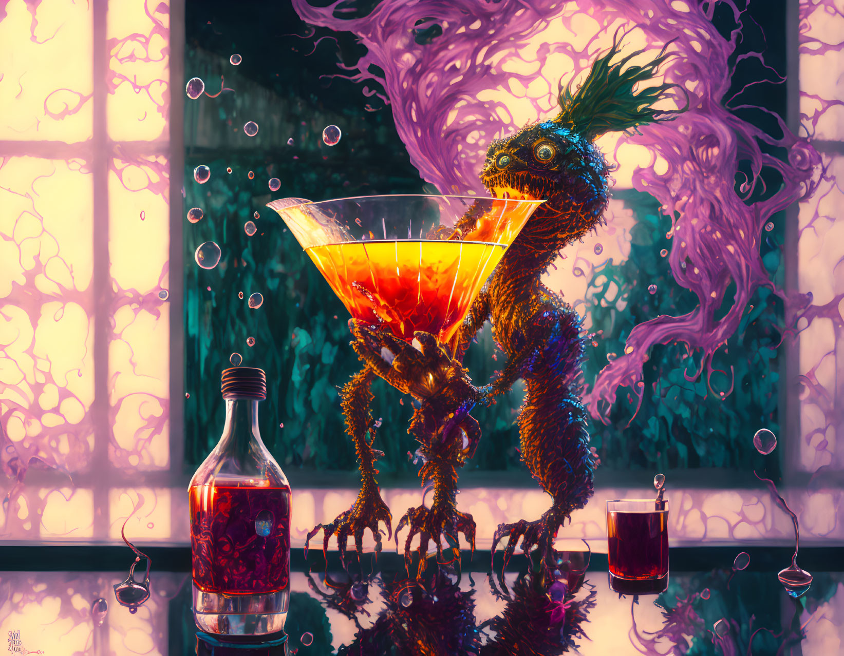 Seahorse-like creature with martini glass in purple setting