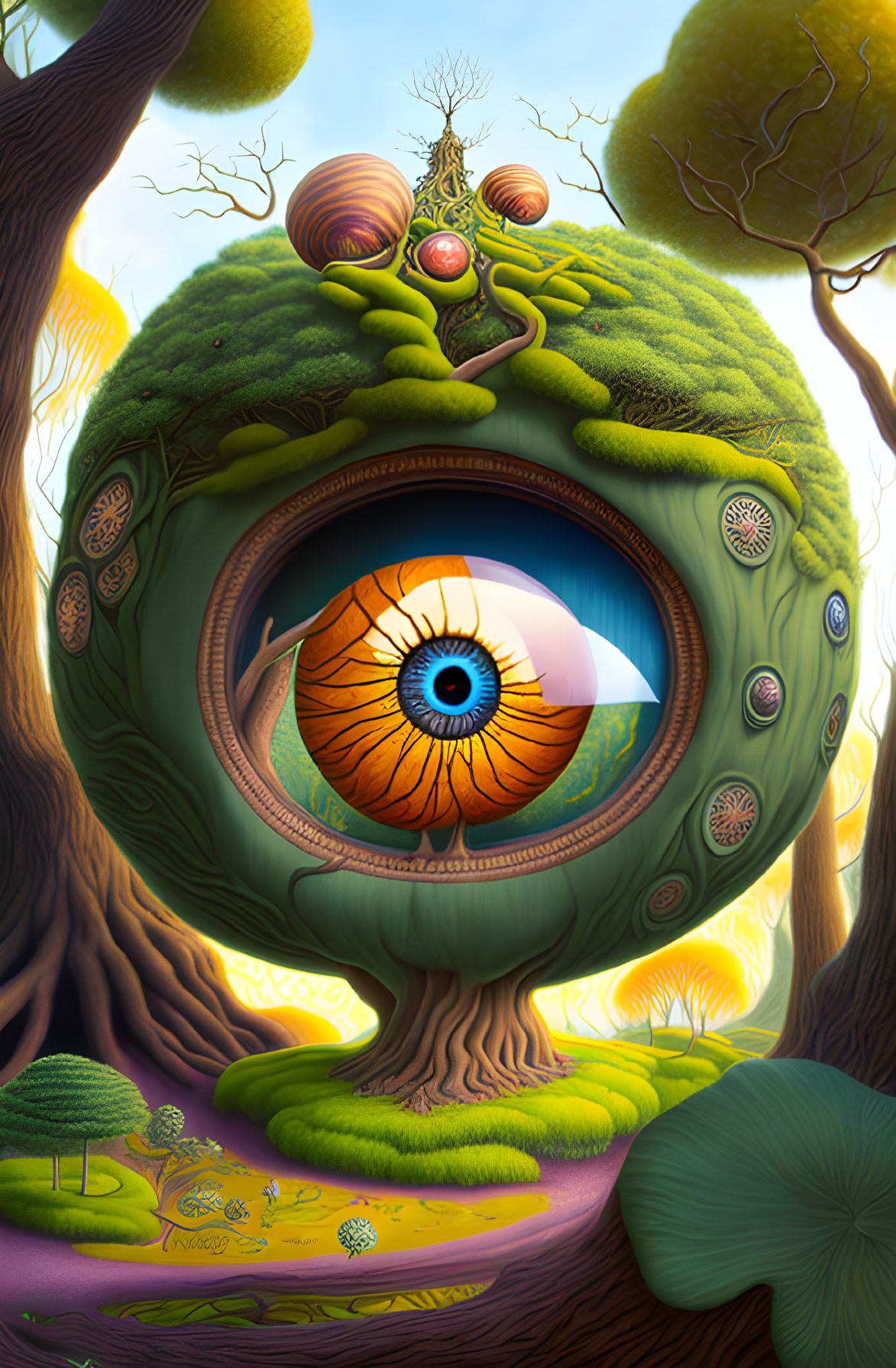 Colorful forest illustration with central eye and organic shapes