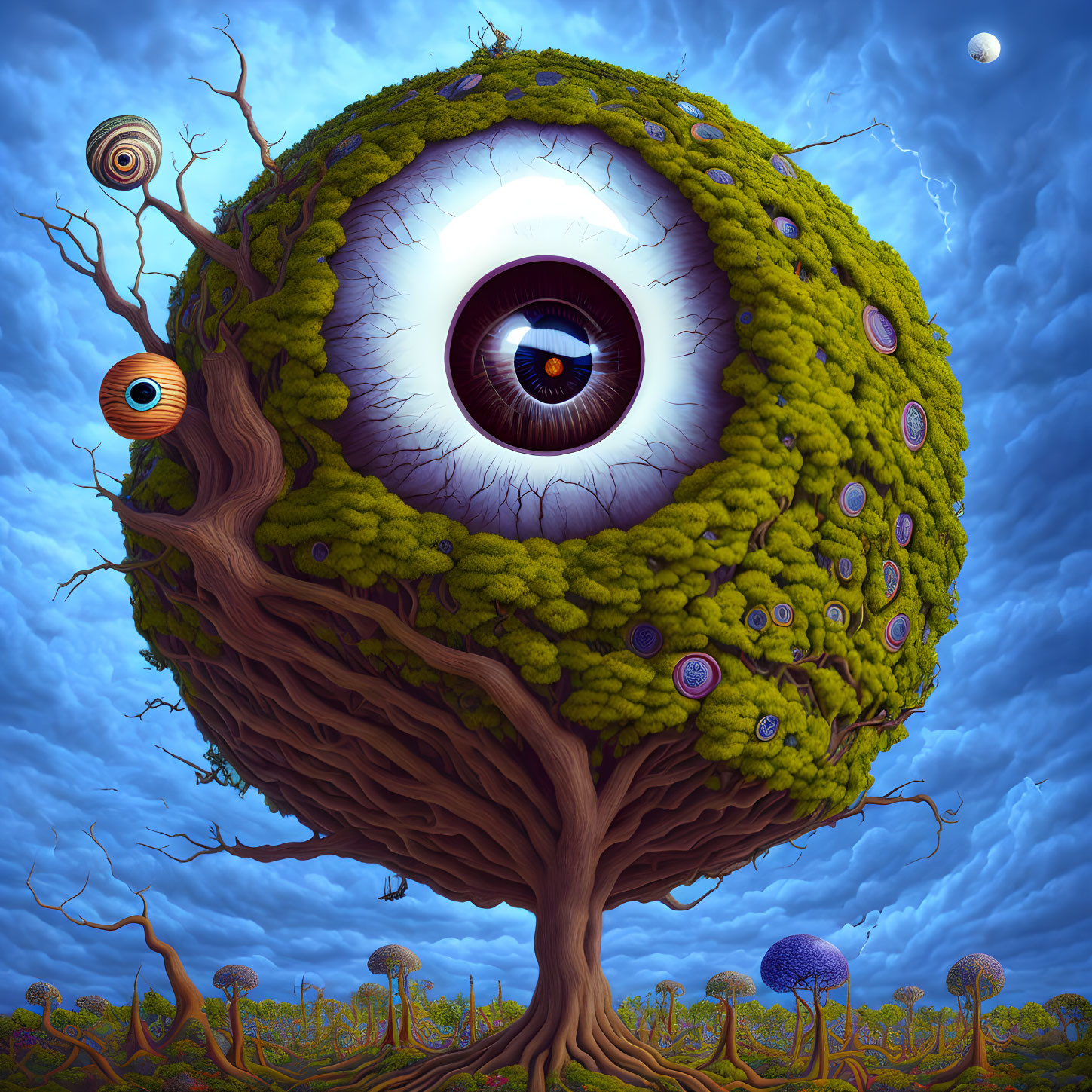 Surreal illustration of eye-shaped tree canopy with moss and fungi in fantastical landscape