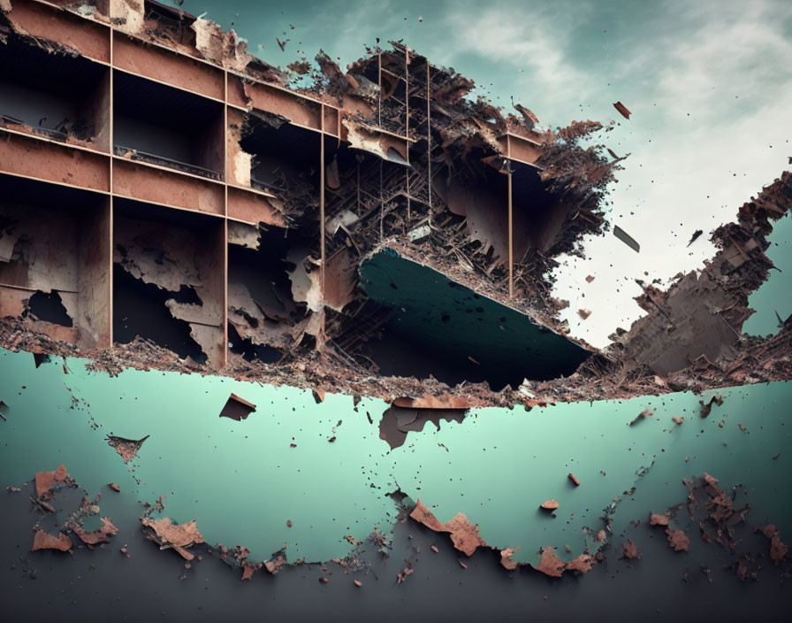 Deteriorating building facade with crumbling interior and teal background