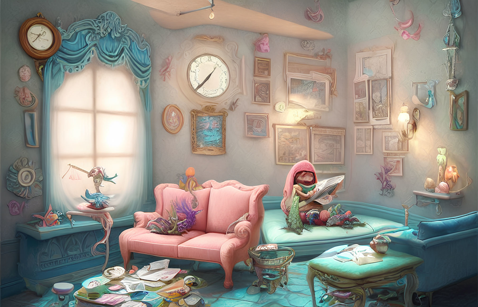 Whimsical pastel room with pink couch, flying books, wall clocks, and magical elements