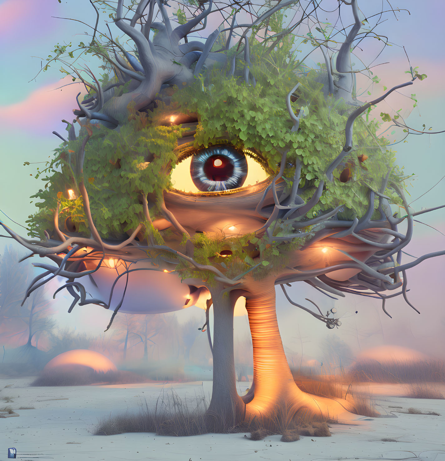 Whimsical tree with giant eye in vibrant surreal landscape