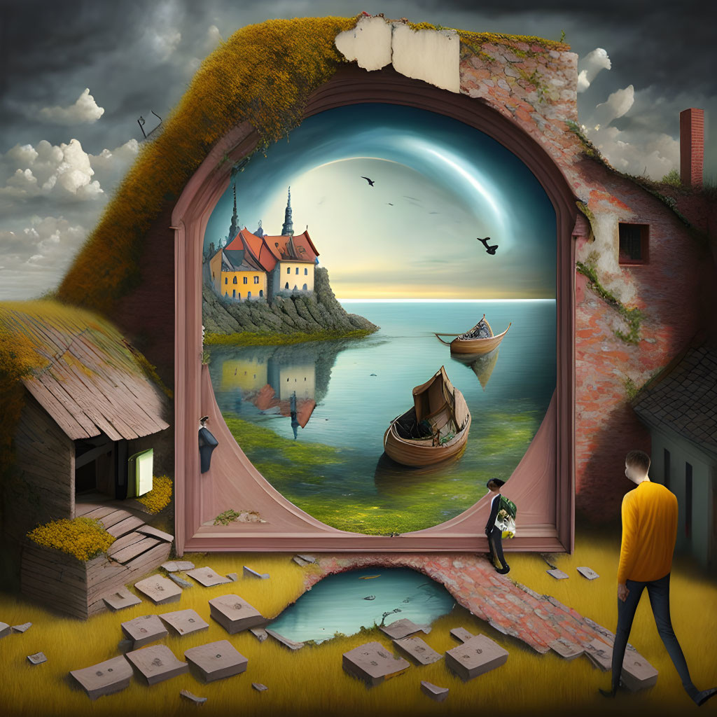 Person looking into large arched window at surreal landscape with castle, boats, and birds.