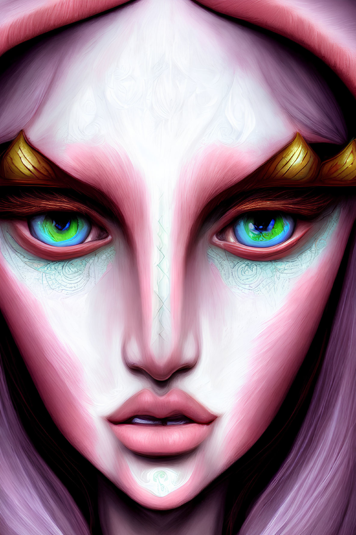 Fantastical Female Face with Blue Eyes, Purple Hair, and Gold Horn-like Details