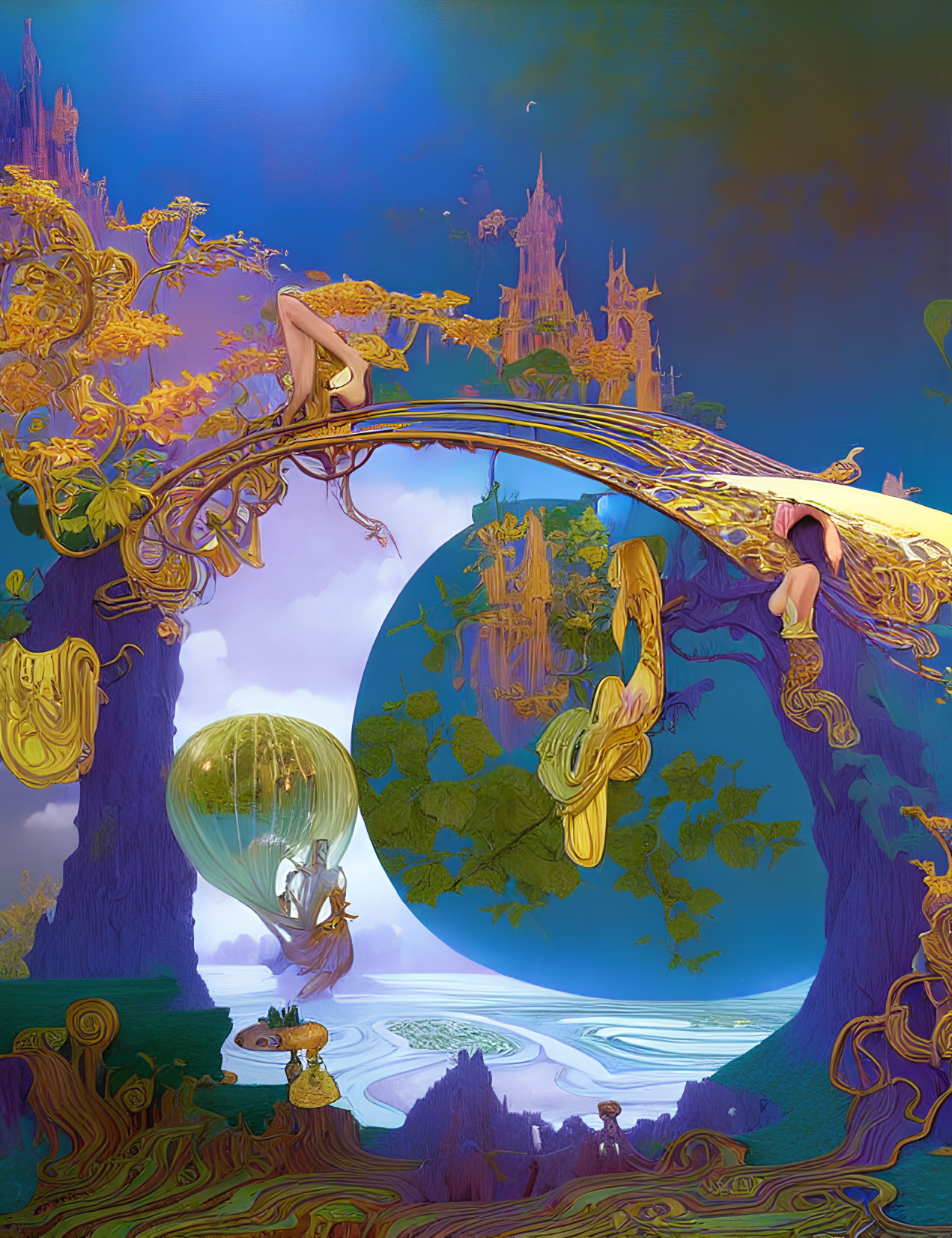 Surreal landscape with golden tree archways and floating islands