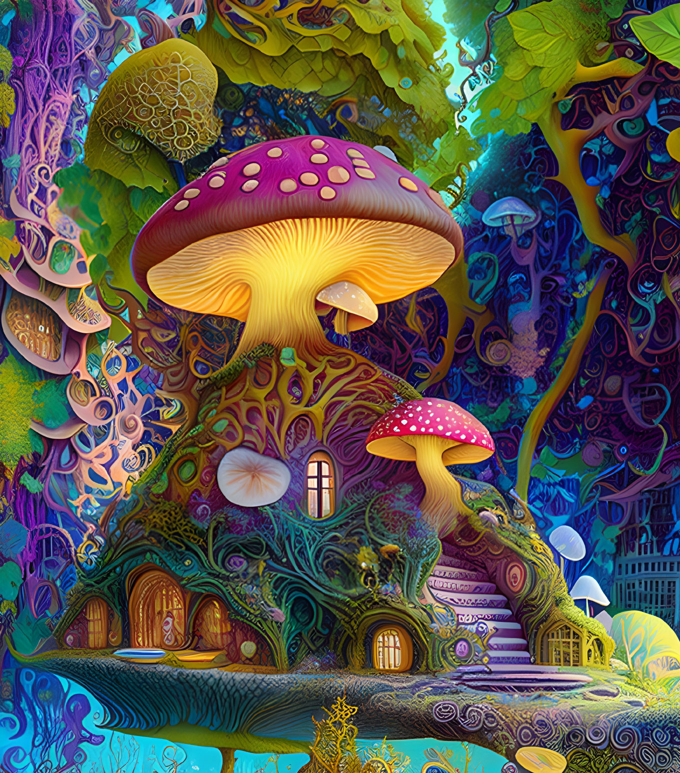 Colorful Mushroom House Illustration in Whimsical Forest