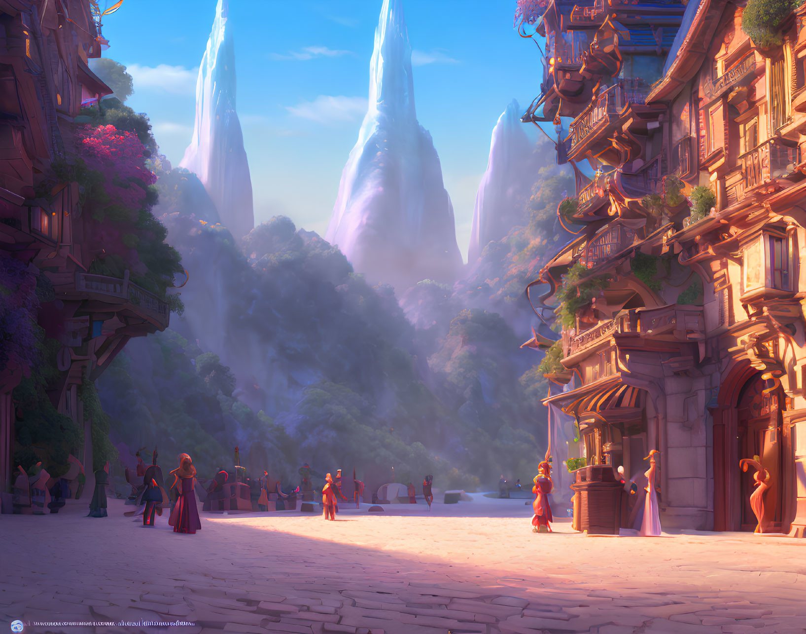 Colorful fantasy cityscape with towering spires, ornate buildings, and bustling citizens.