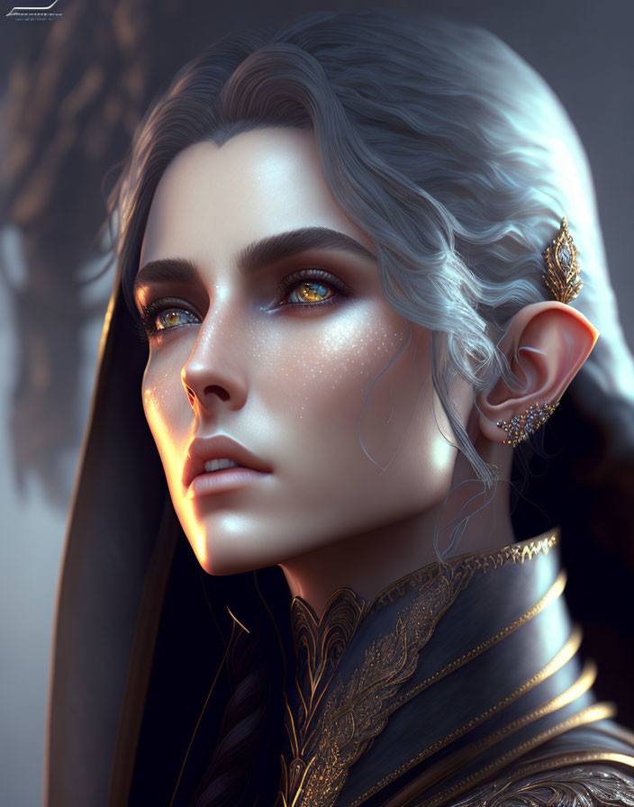 Fantasy elf portrait with blue eyes, gold jewelry, and elegant attire