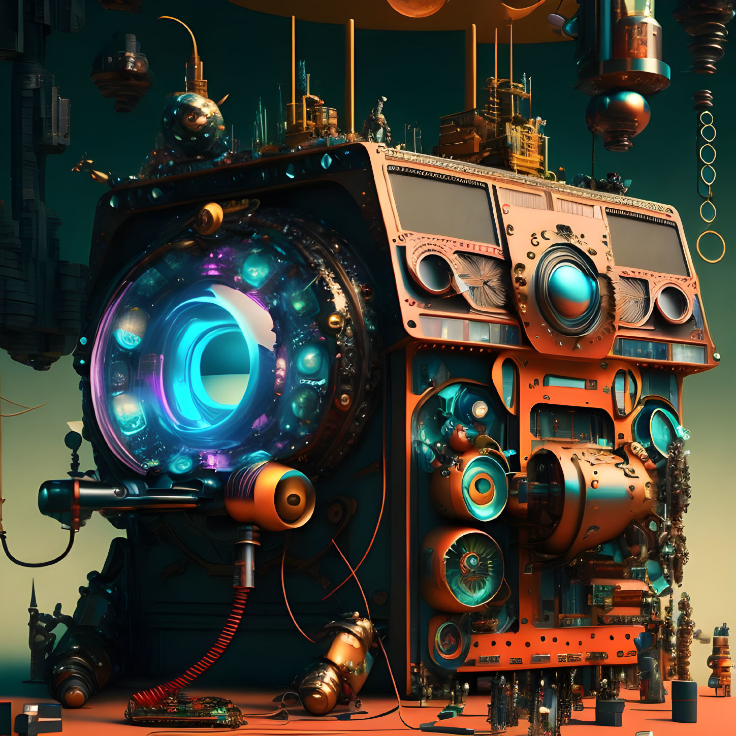 Steampunk machine with glowing orb, gears, and floating islands in teal sky