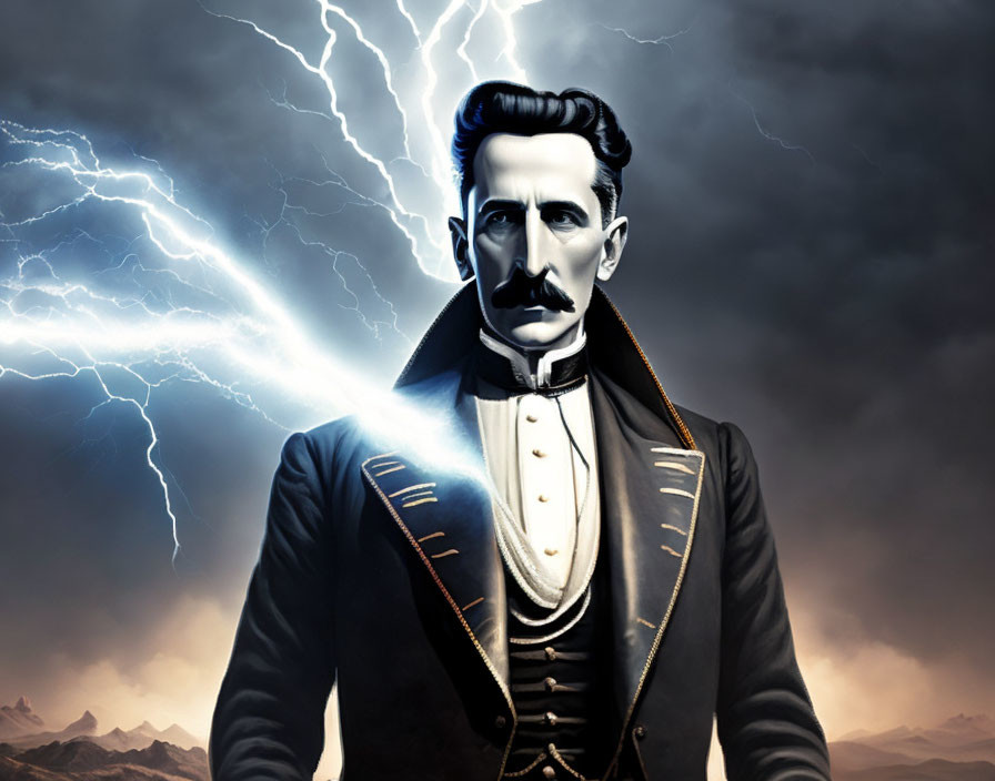 Scientific illustration of Nikola Tesla with lightning backdrop.