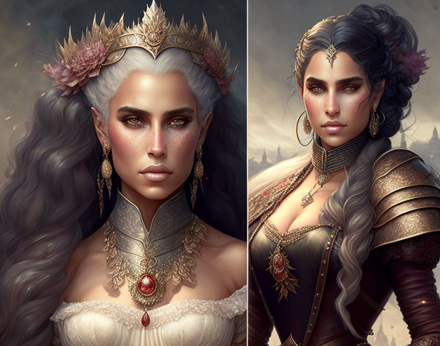 Fantasy-style portraits of women in regal attire with intricate jewelry.