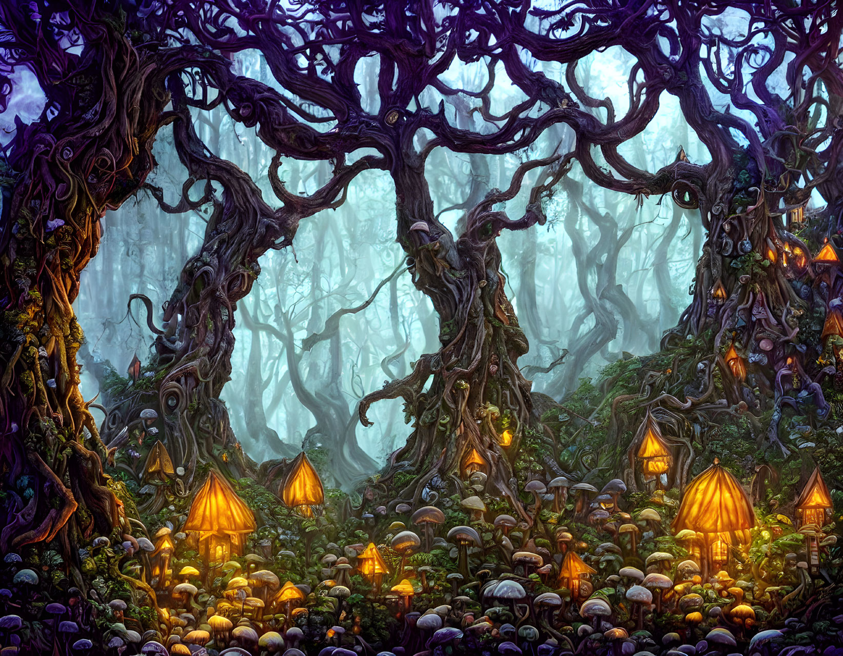 Enchanting forest with twisted trees and glowing mushrooms