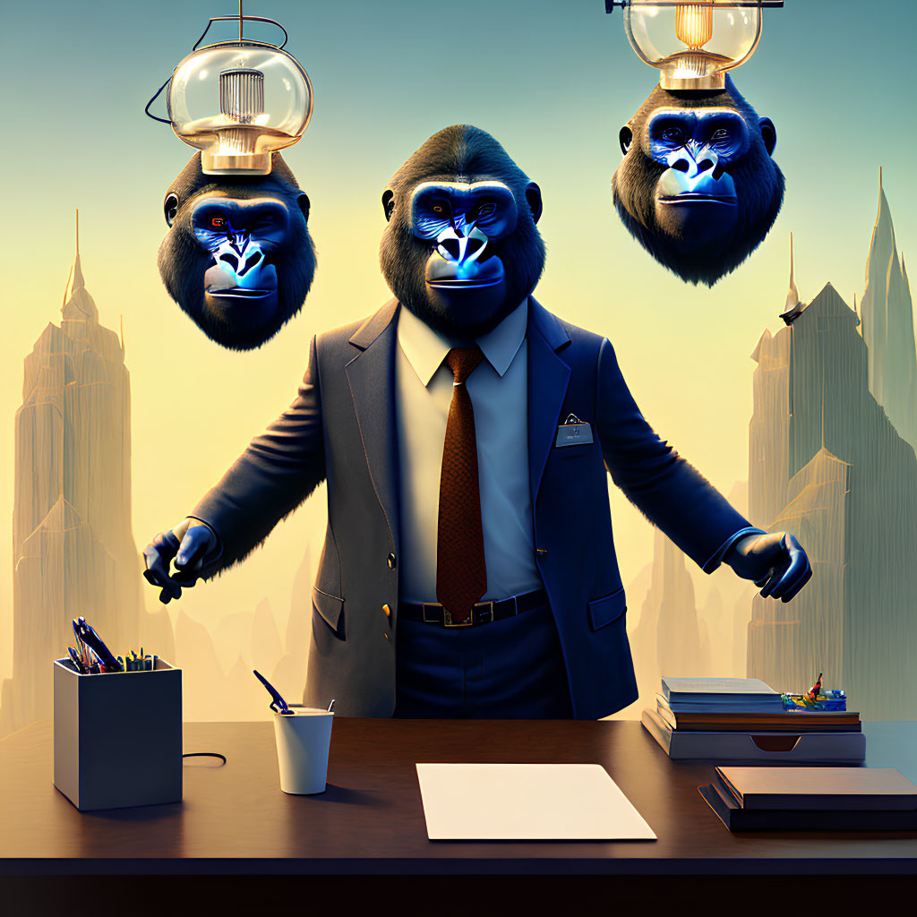 Stylized gorillas in suits with neon blue markings and futuristic cityscape backdrop