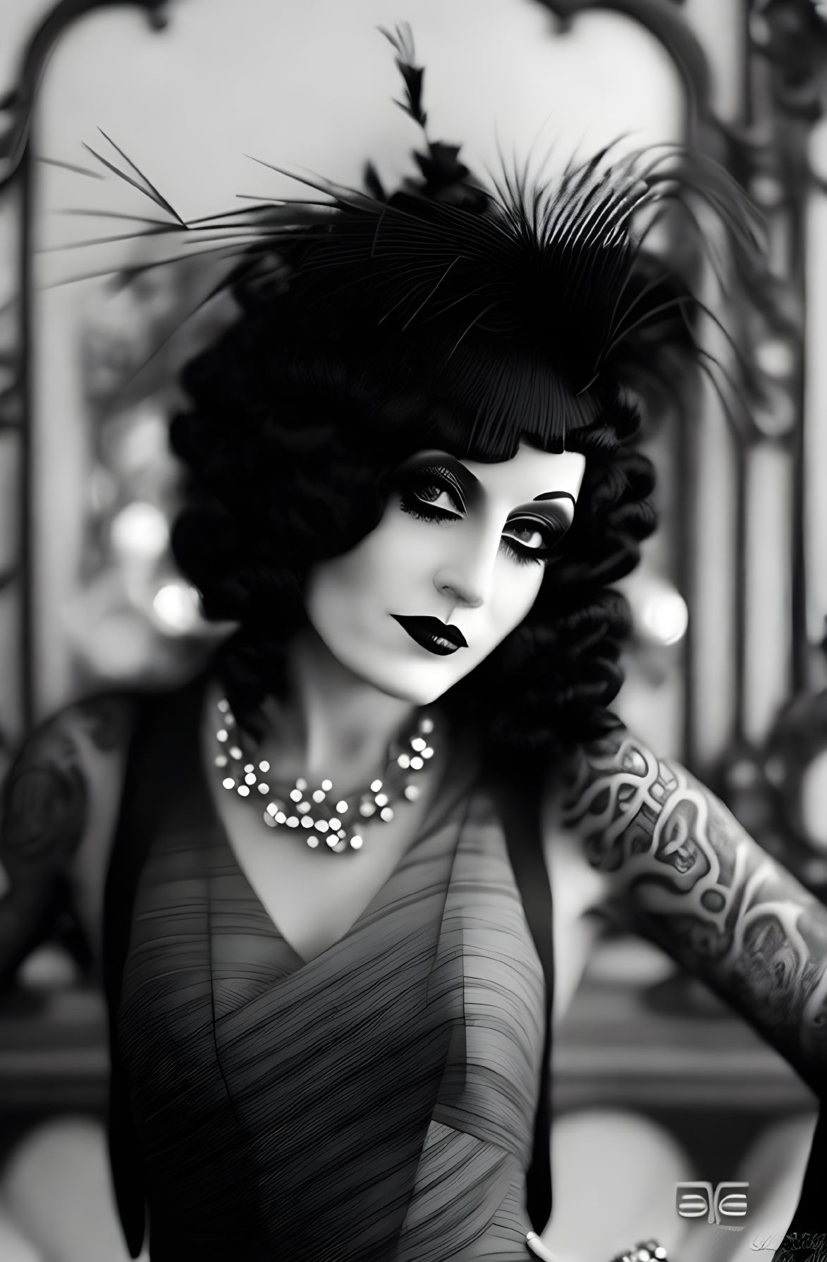 Vintage-inspired person with feathers, pearls, dark dress, and visible tattoos on arms.