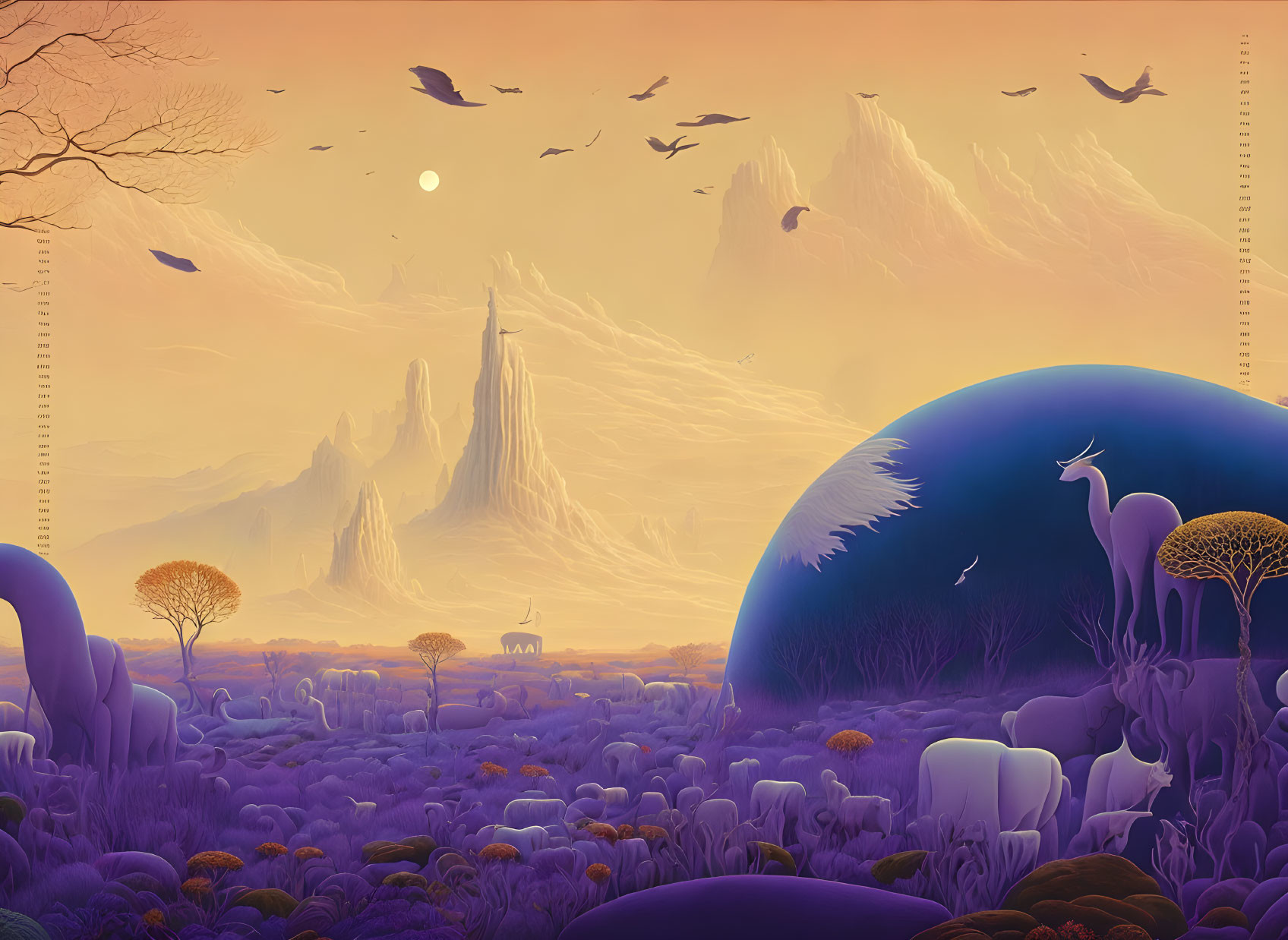 Surreal landscape with purplish hues, fantastical wildlife, and towering rock formations