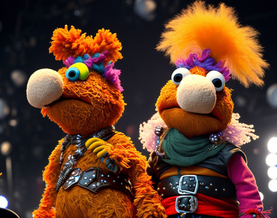 Colorful furry puppet characters in rock star costumes on stage