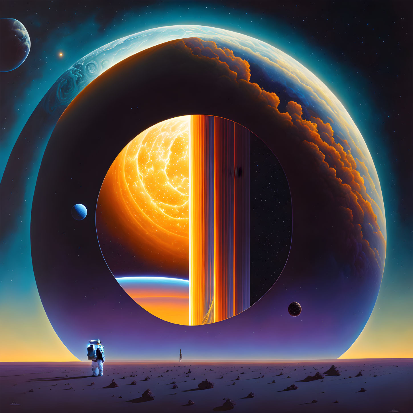 Astronaut on alien landscape with giant ringed planets and moons in twilight sky