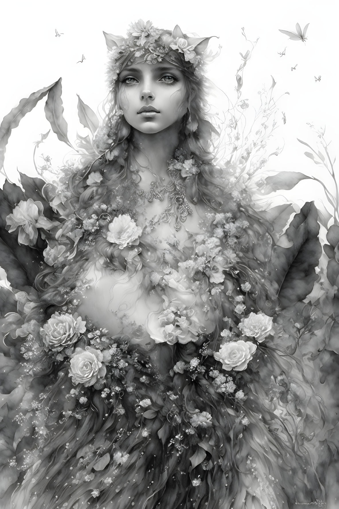 Monochrome illustration of a mystical woman with feline features and floral elements.