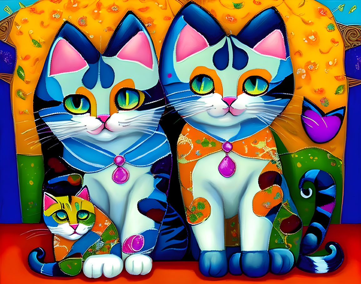 Colorful Cats Illustration with Distinctive Patterns and Necklaces