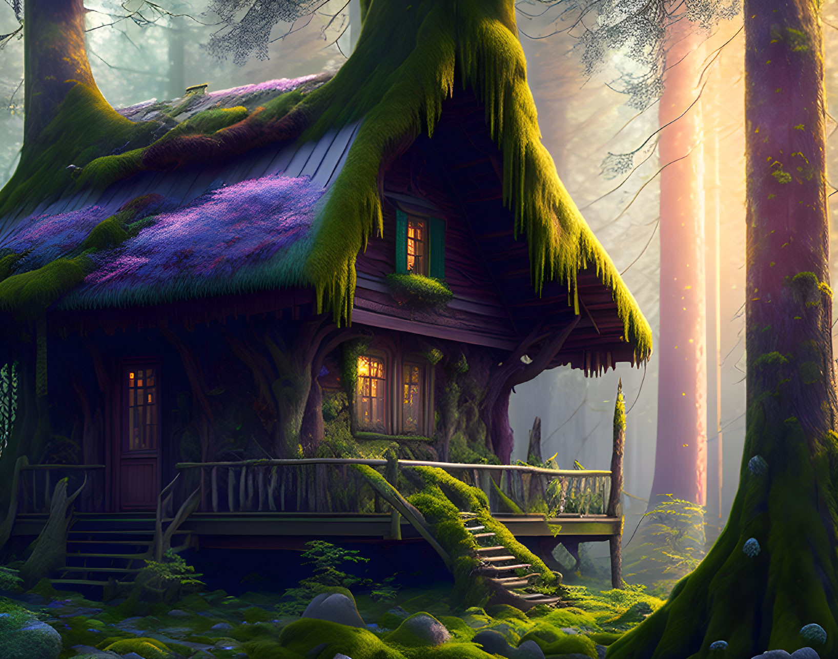 Moss-covered treehouse in whimsical forest setting