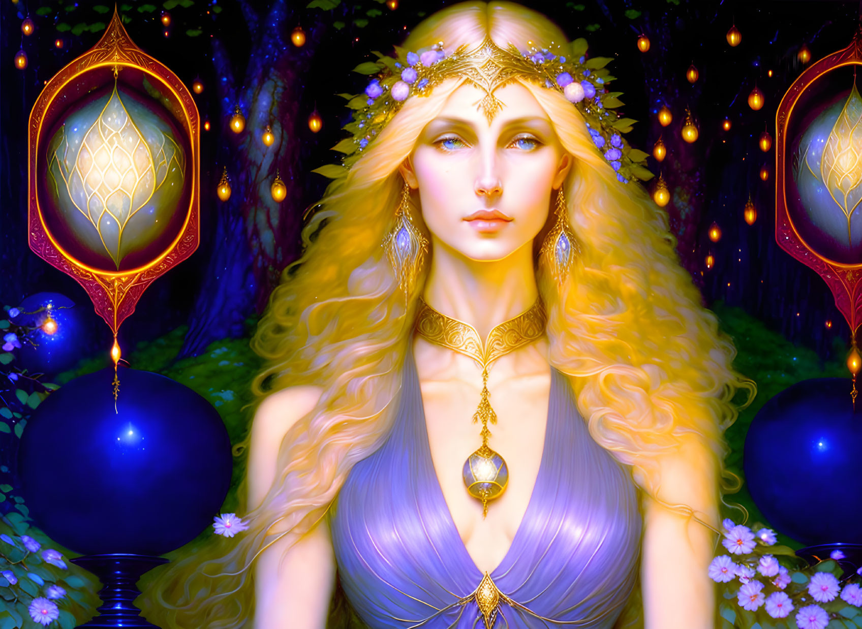 Ethereal blonde woman with elfin features in fantasy forest scene