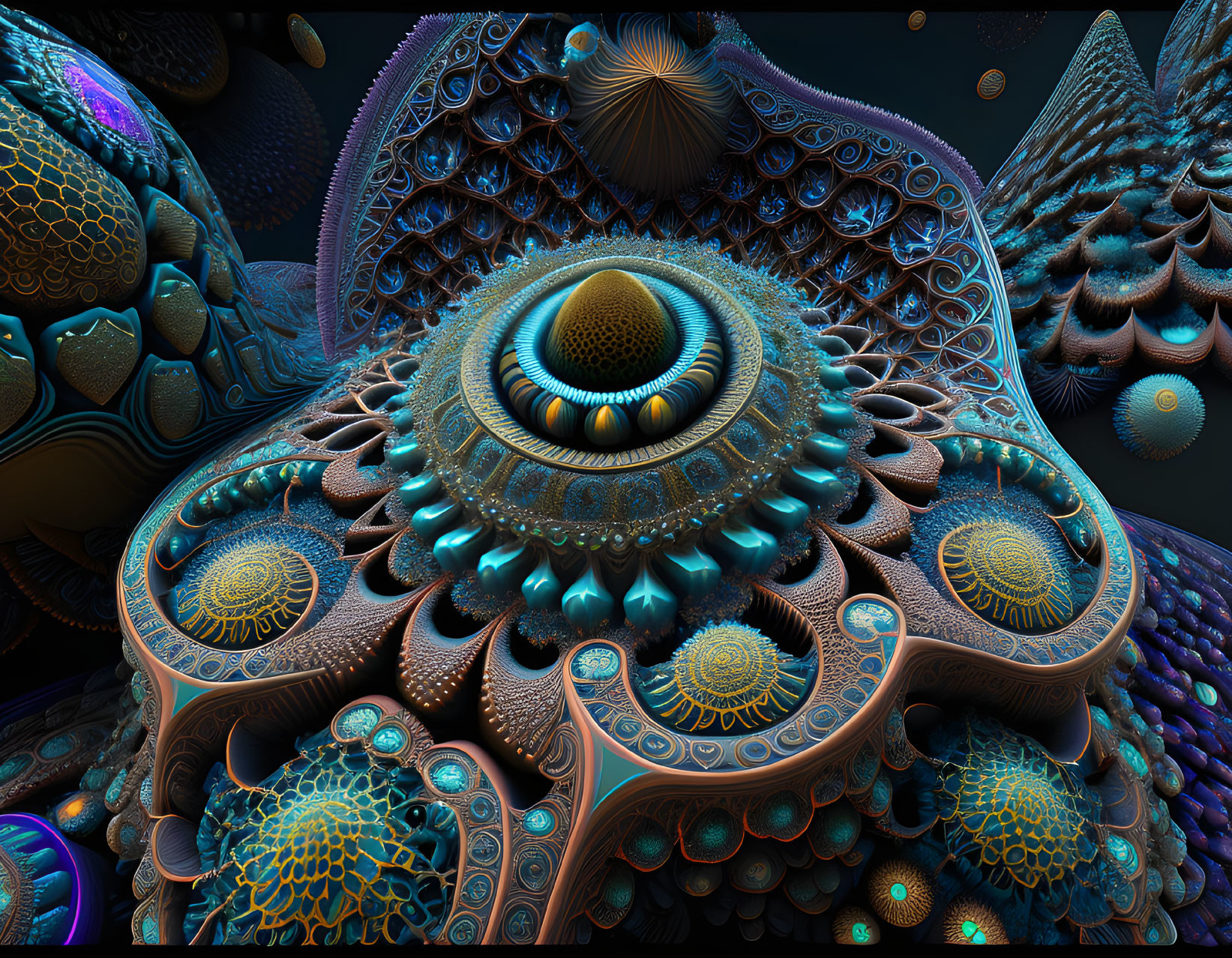 Intricate fractal image with eye-like structure and vibrant patterns