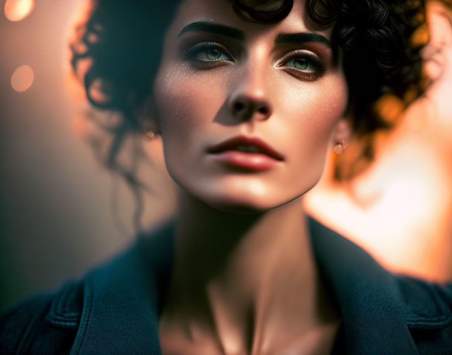 Curly-Haired Woman with Subtle Makeup in Soft, Warm Lighting