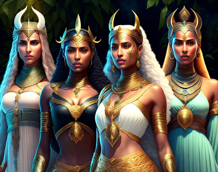 Four regal women in traditional attire with golden crowns and intricate jewelry, emanating strength and elegance