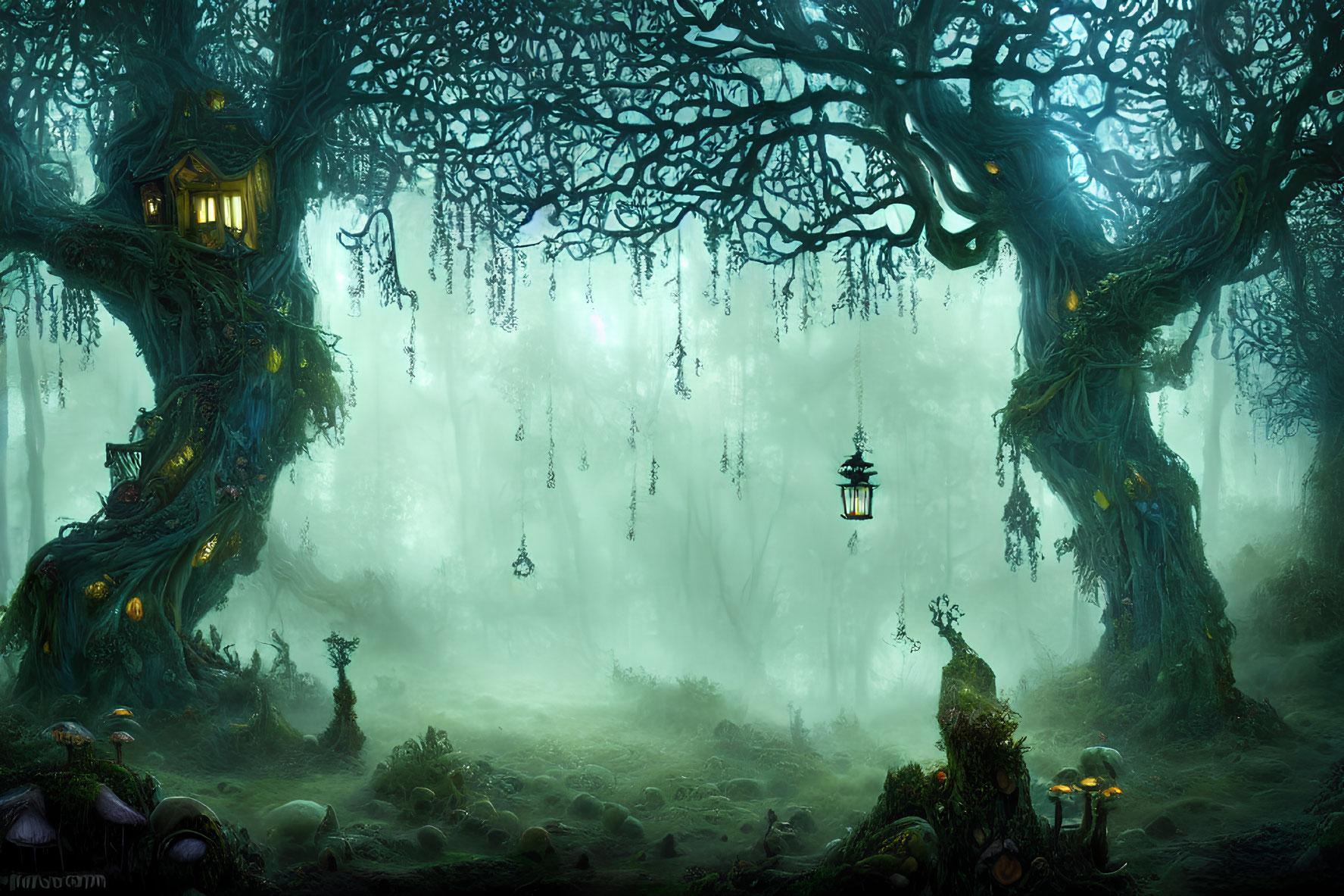 Enchanted forest with gnarled trees, lanterns, and glowing treehouses in mystical fog