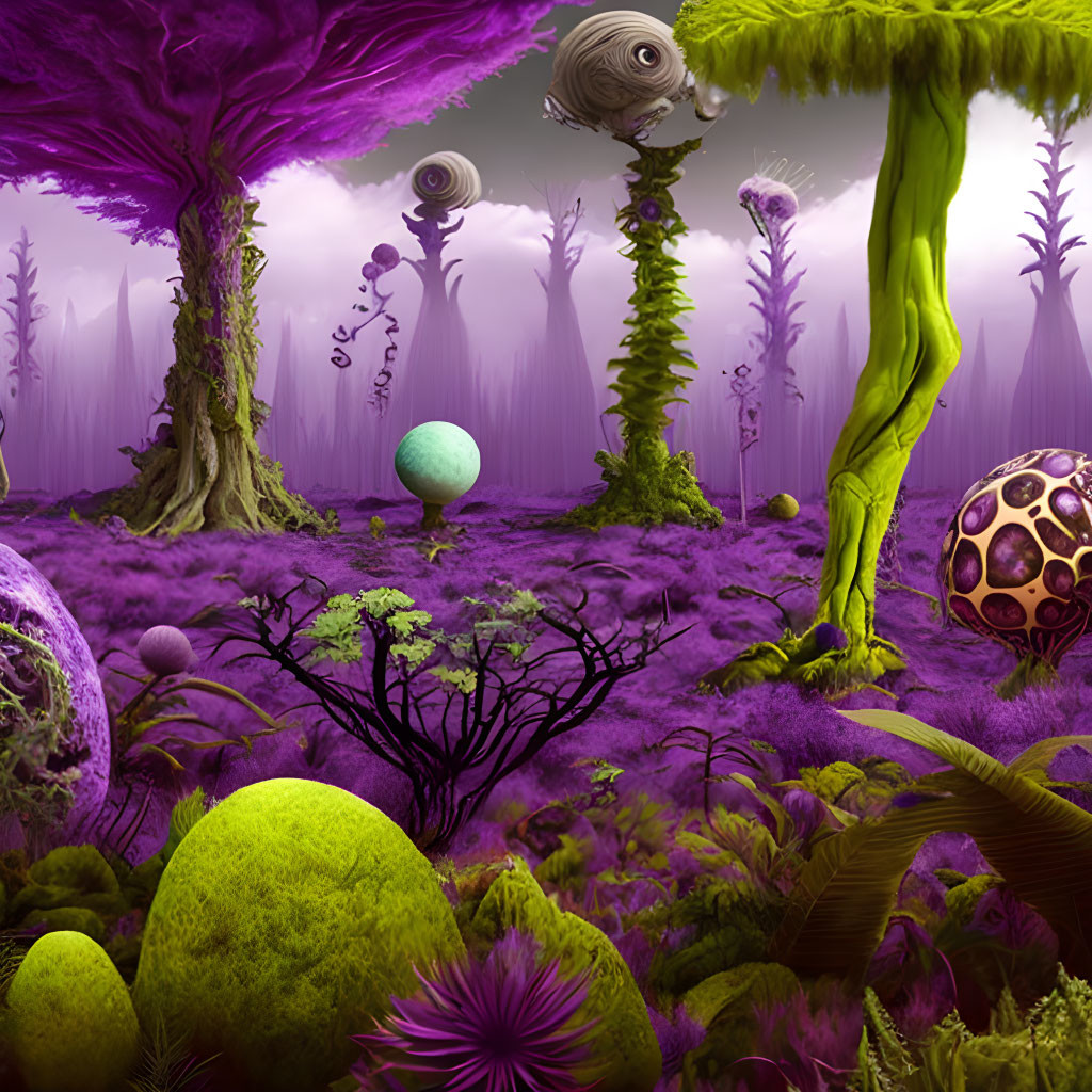 Colorful alien landscape with purple foliage and spherical objects in misty terrain