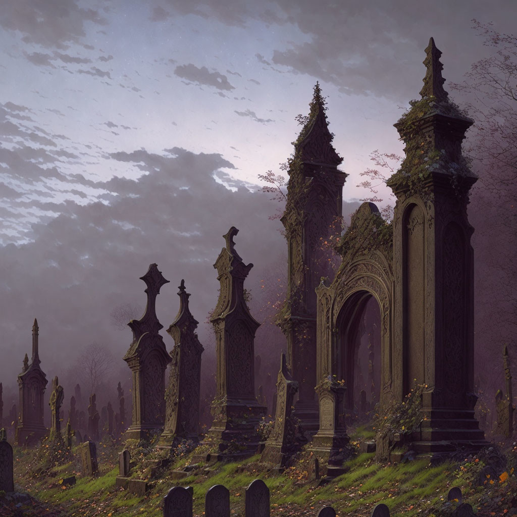 Gothic graveyard at twilight with ornate tombstones, arches, mist, trees, and