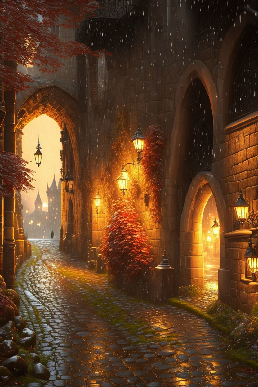 Cobblestoned alley at dusk with lanterns, rainy ambiance, and autumnal ivy