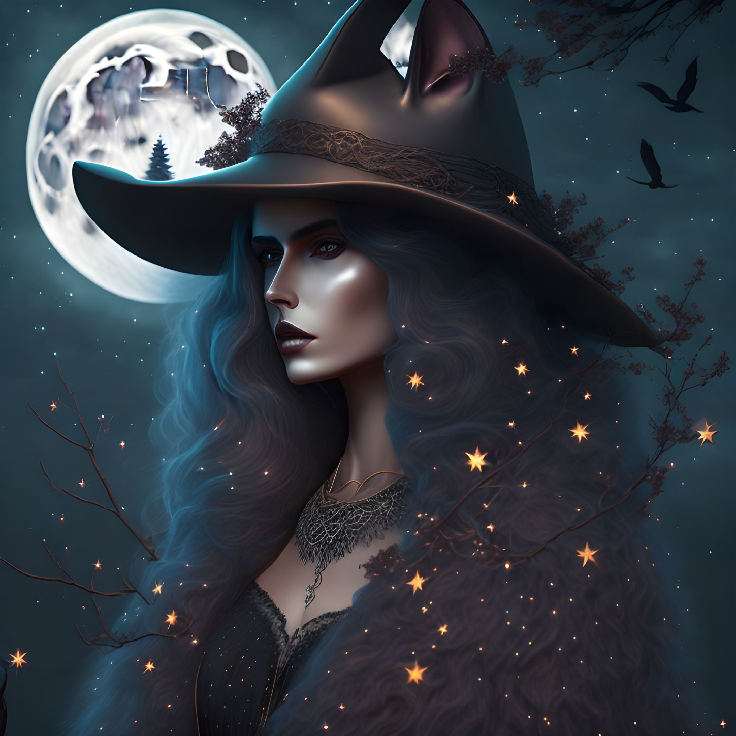 Mystical woman with blue hair in witch's hat under moonlit sky