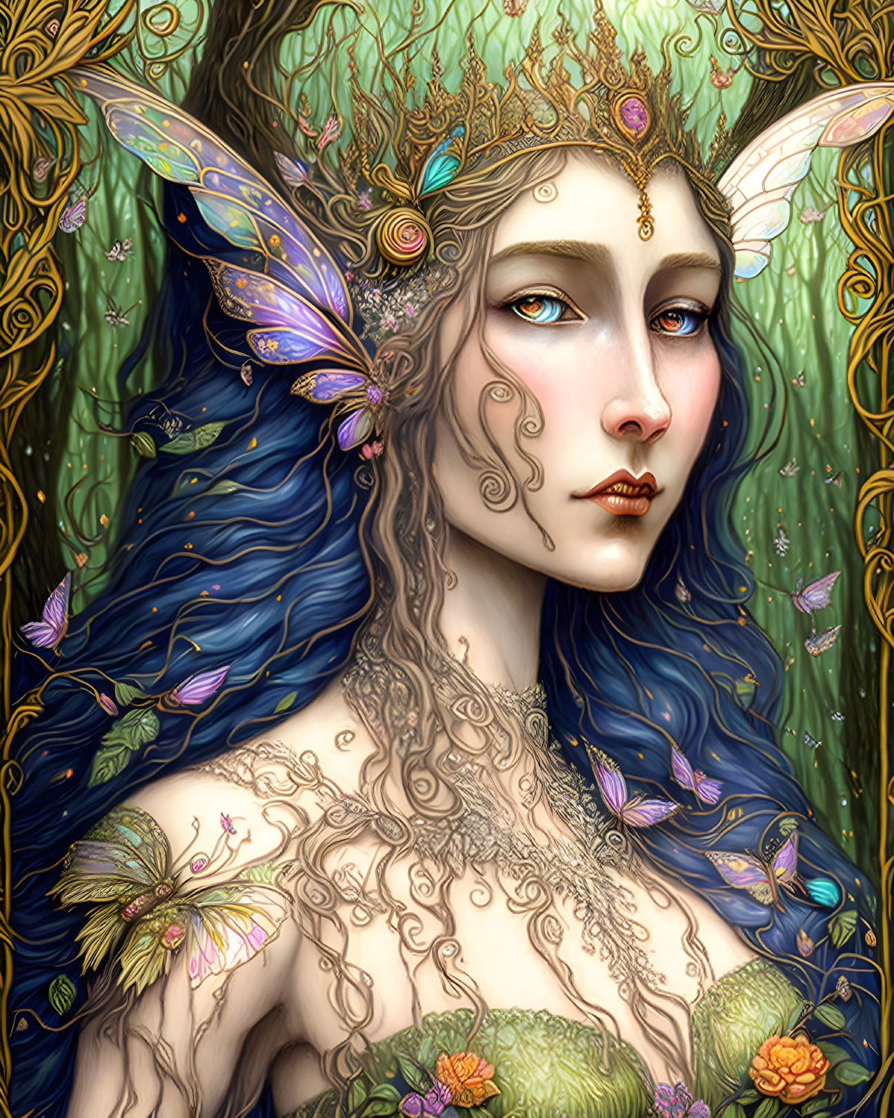 Whimsical fairy with blue hair and wings in forest setting