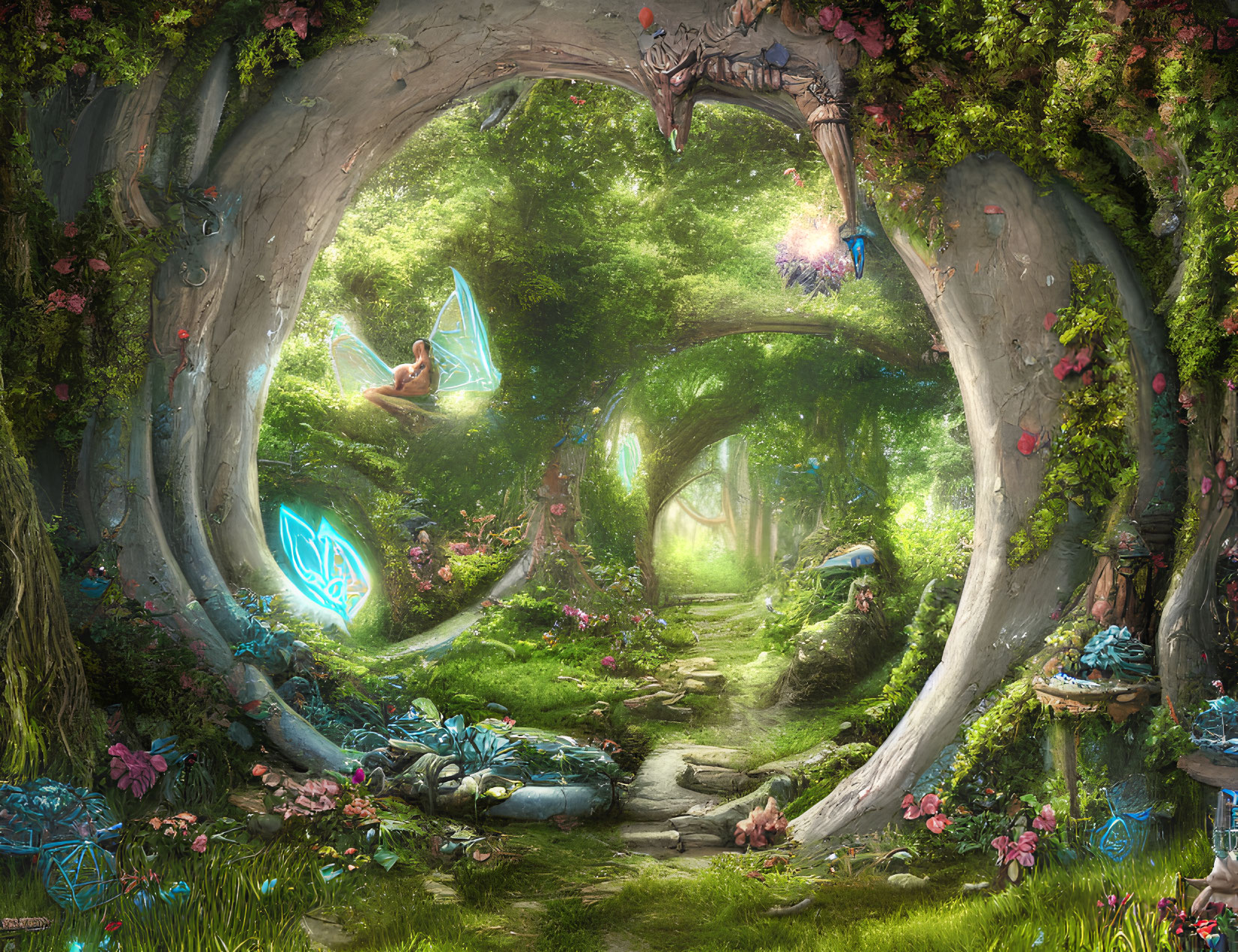 Mystical forest path with vibrant flowers and dragon archway