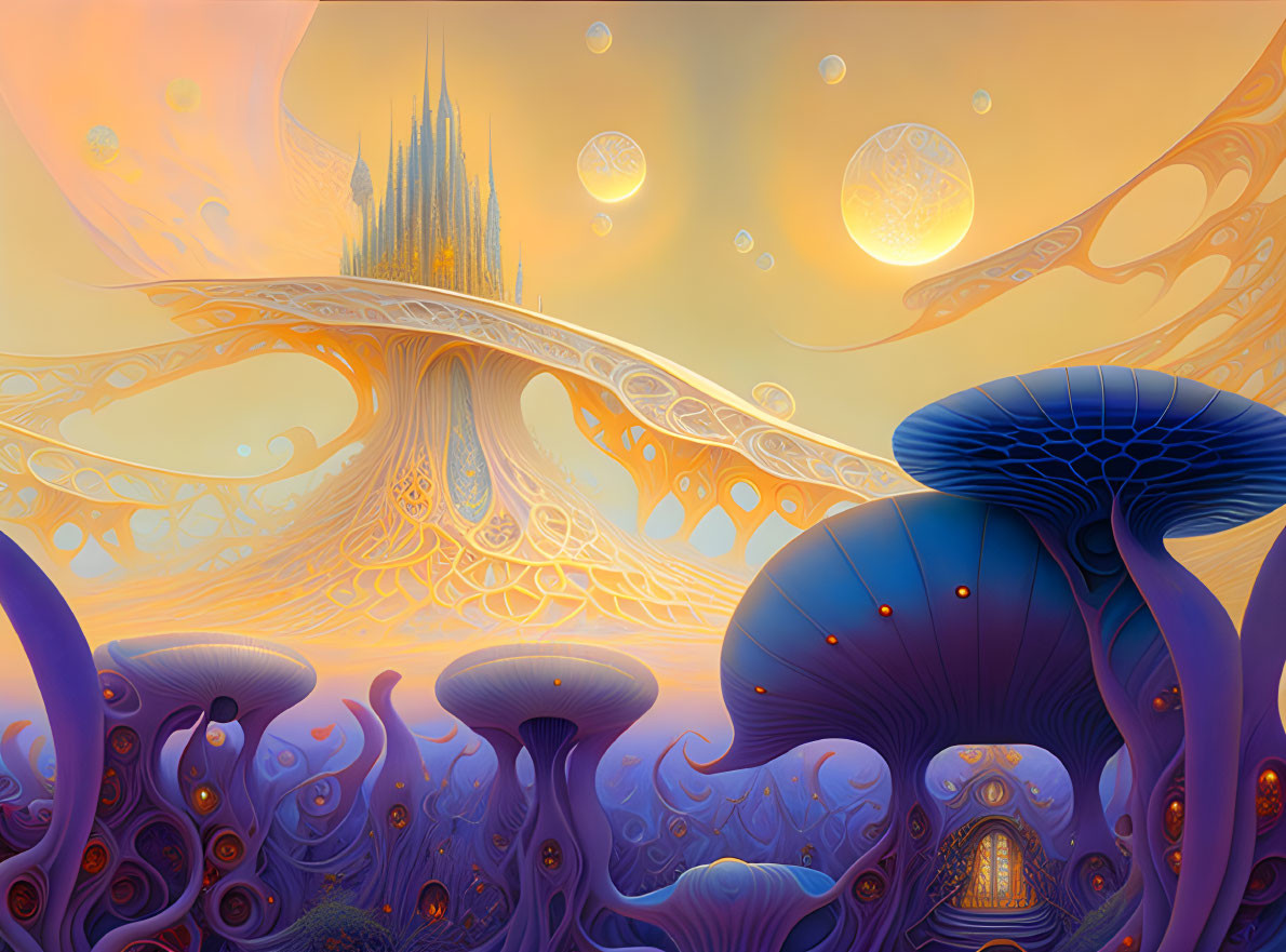 Fantasy castle surrounded by floating orbs and mushroom-like structures