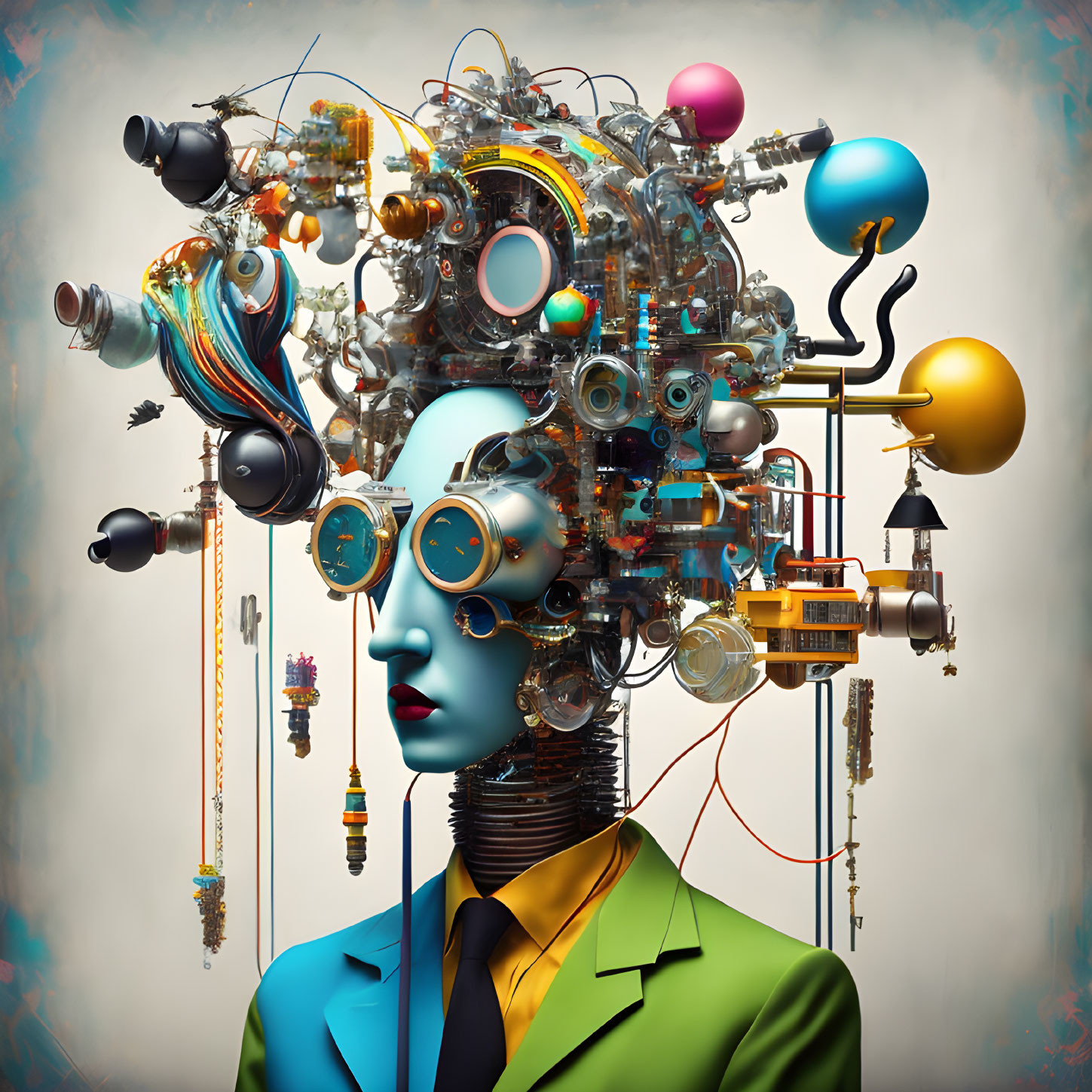 Surreal portrait of figure with mechanical headpiece and colorful spheres