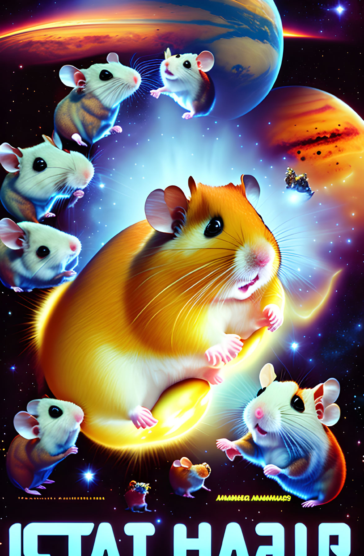 Whimsical space-themed illustration with floating mice and giant mouse in vibrant planetary backdrop