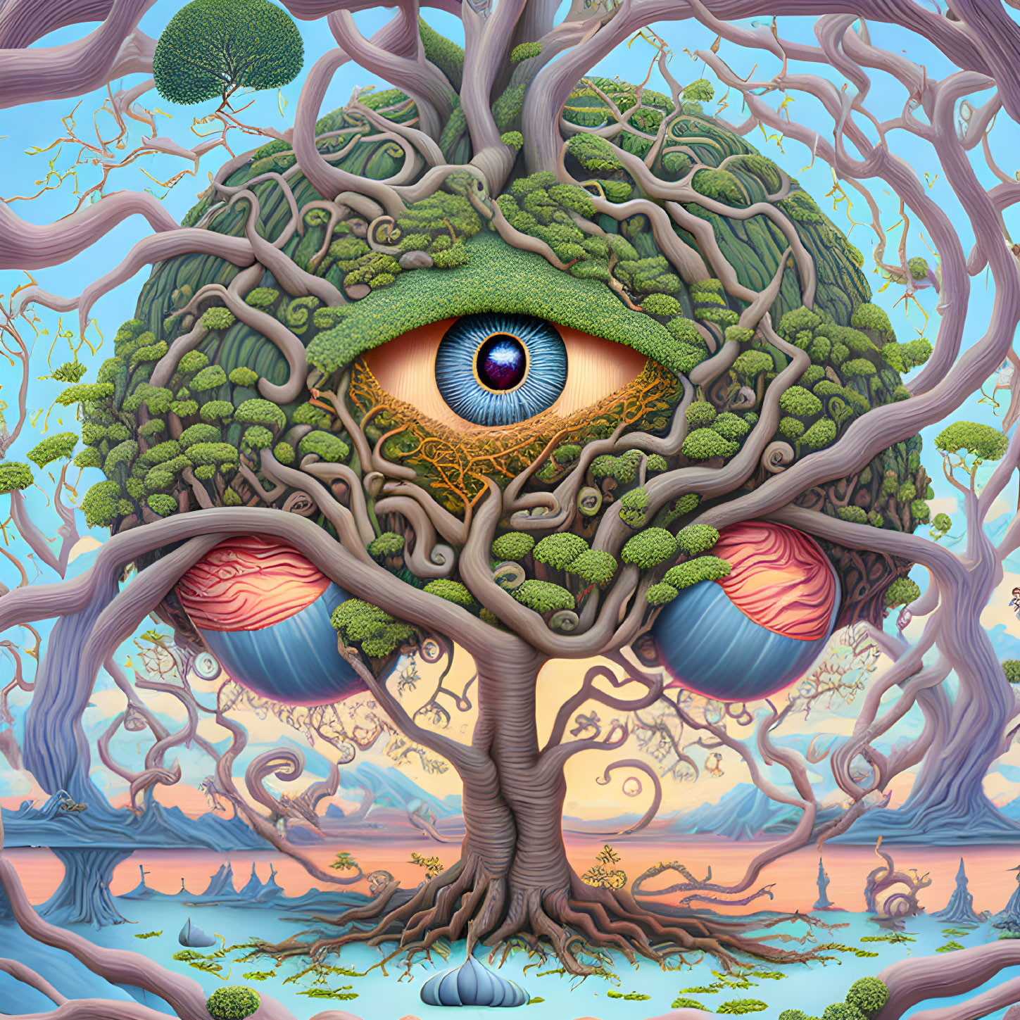 Tree with Face Branches and Central Eye in Surreal Sky