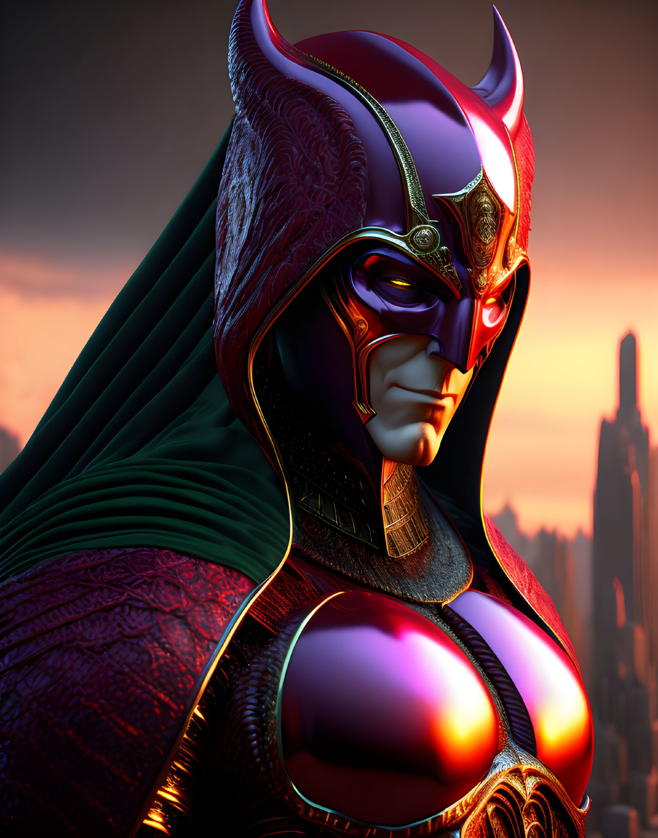 Character with Bat-Inspired Helmet and Armor in Sunset Cityscape