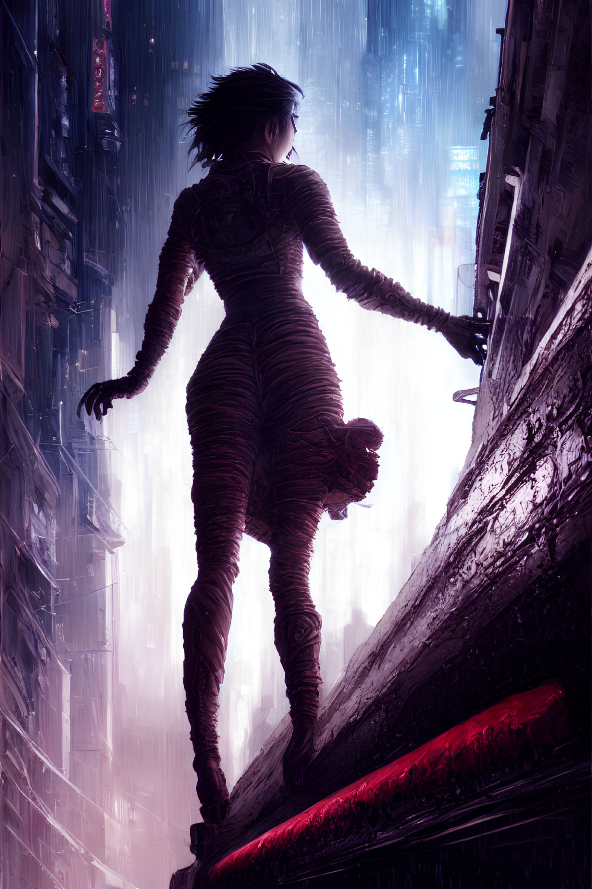 Futuristic figure on neon city ledge gazes into rain-soaked abyss