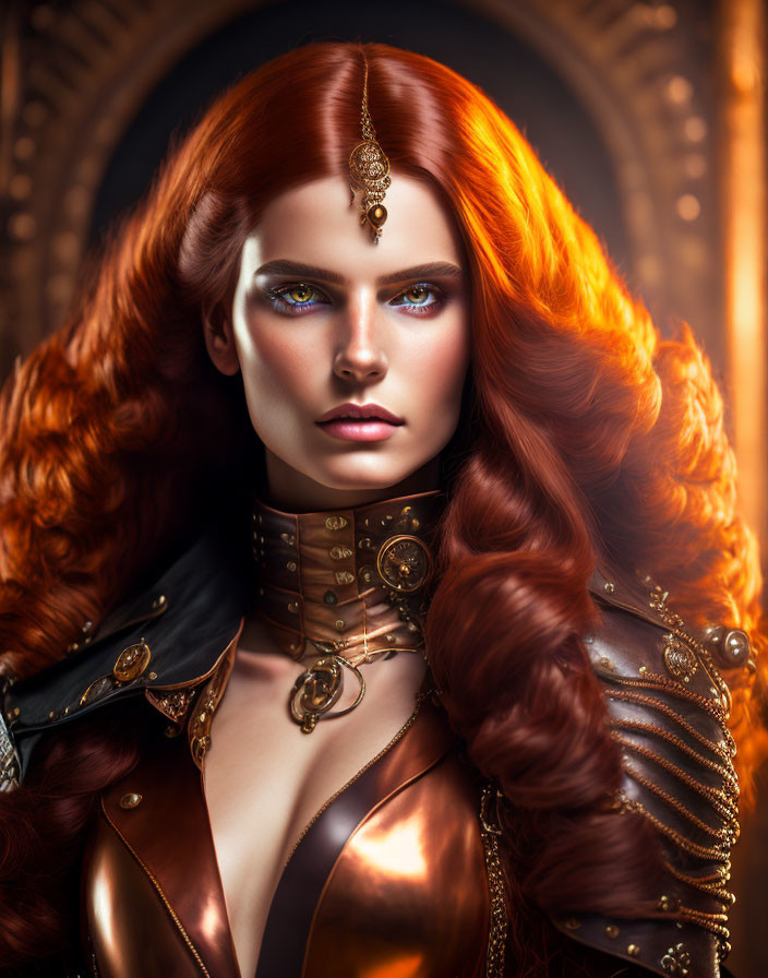 Digital artwork: Woman with red hair, blue eyes, golden jewelry, and fantasy armor