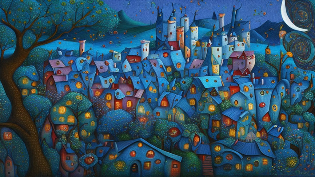 Colorful village painting with stylized houses under a crescent moonlit sky