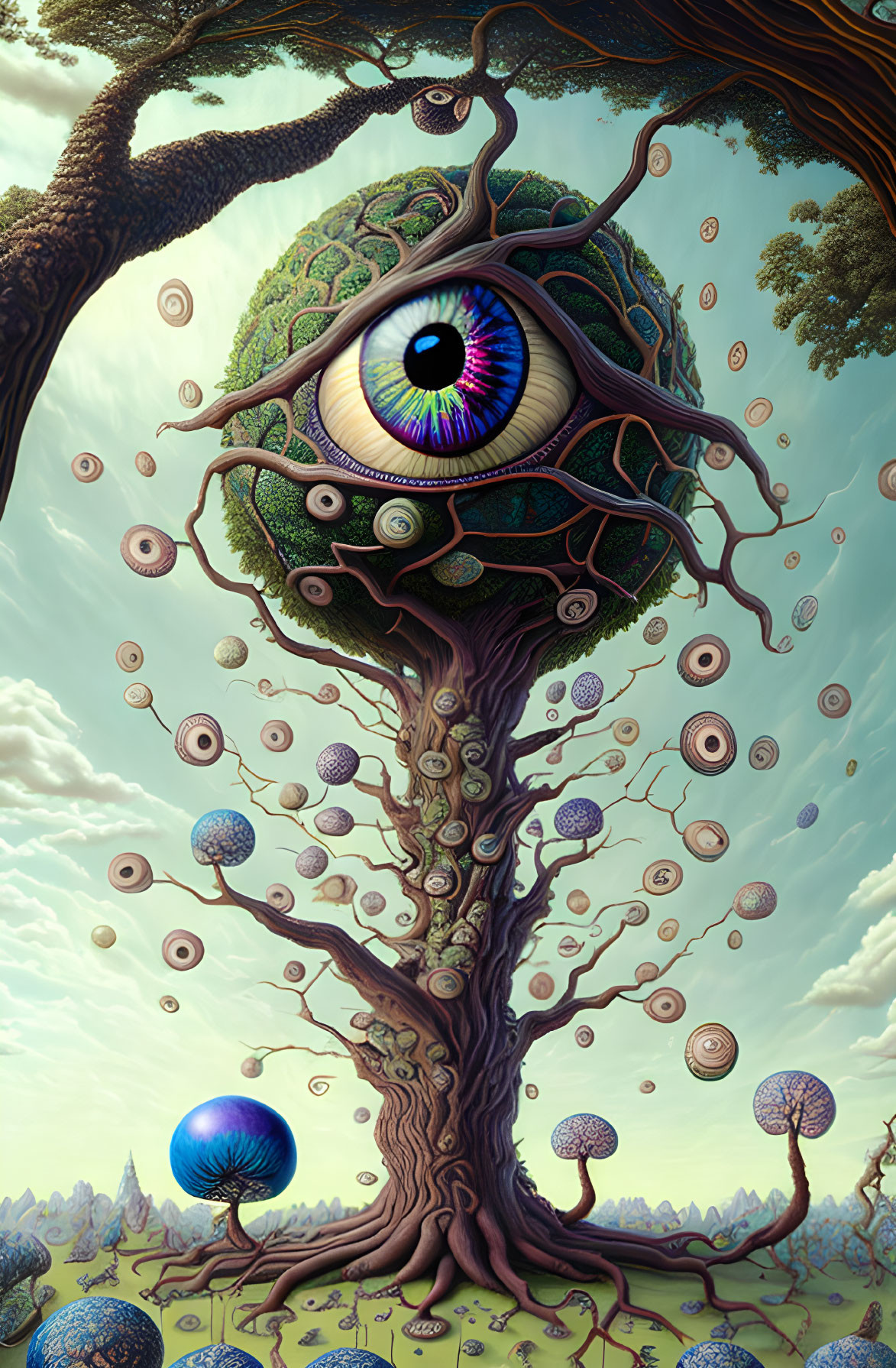 Fantastical tree with embedded eye, floating orbs, and surreal landscape.